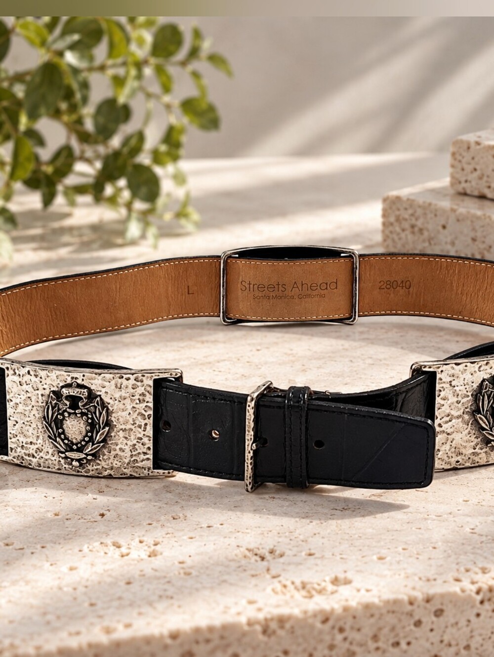 Rare Vintage Streets Ahead Unisex Leather Belt Silver Crest Goth Western L